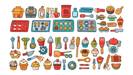 Obraz premium Baking Fun Collection: A vibrant and colorful collection of baking tools and ingredients, including cupcakes, cookies, utensils, and trays, perfect for inspiring culinary creativity.