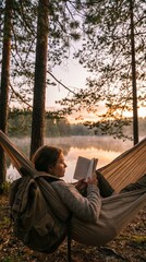 Fototapeta premium Young Female Traveler Reading a Book Relaxing in a Hammock by a Forest Lake at Sunset