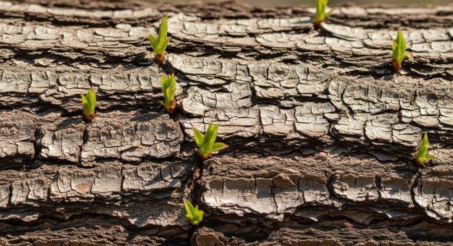 Close-up macro detail of new green tree sprouts emerging from textured, rough bark during springtime renewal and growth.