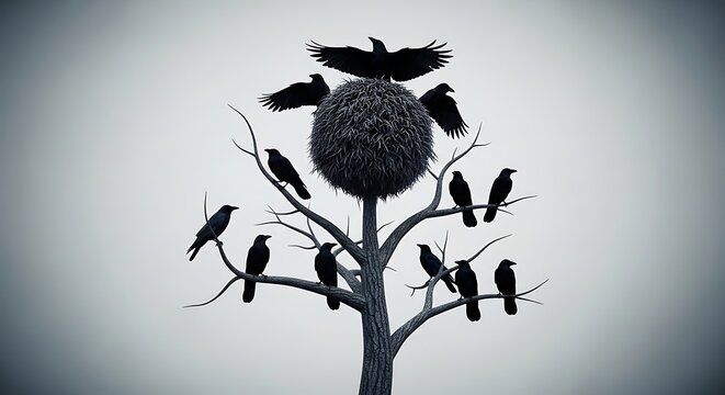Black crows perched on a leafless tree under a foggy sky