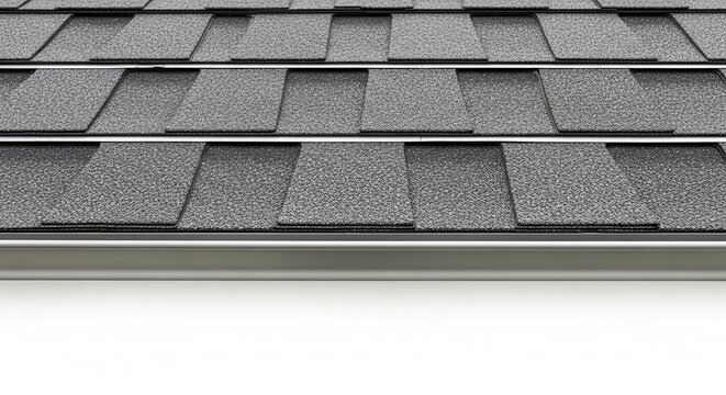 Close up view of grey asphalt roof shingles with a metal gutter edge.