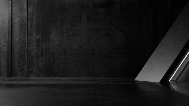 Dark industrial concrete room background with diagonal light