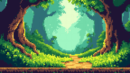 Pixel art vector of lush forest with bright path. 8 bit retro game background with detailed trees and green nature scene. Digital landscape design for fantasy adventure video game environment. © marruu