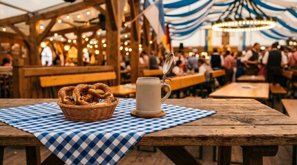 Naklejka premium A traditional Oktoberfest festival tent interior featuring a rustic wooden table in the foreground
