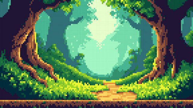 Pixel art vector of lush forest with bright path. 8 bit retro game background with detailed trees and green nature scene. Digital landscape design for fantasy adventure video game environment.