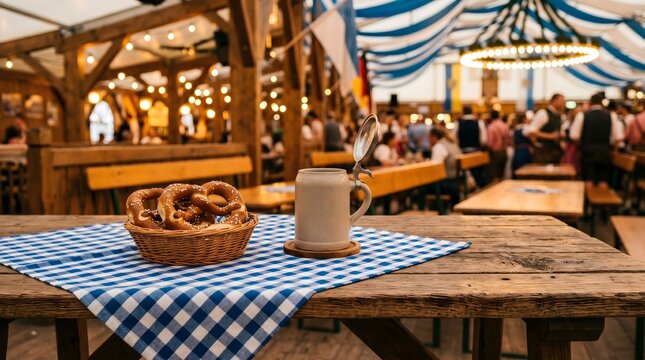 A traditional Oktoberfest festival tent interior featuring a rustic wooden table in the foreground