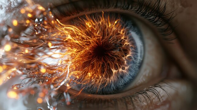 Macro human eye with an iris of glowing liquid glass network.