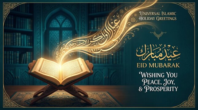 Eid Mubarak horizontal poster with open book, golden calligraphy ribbon and dark library background