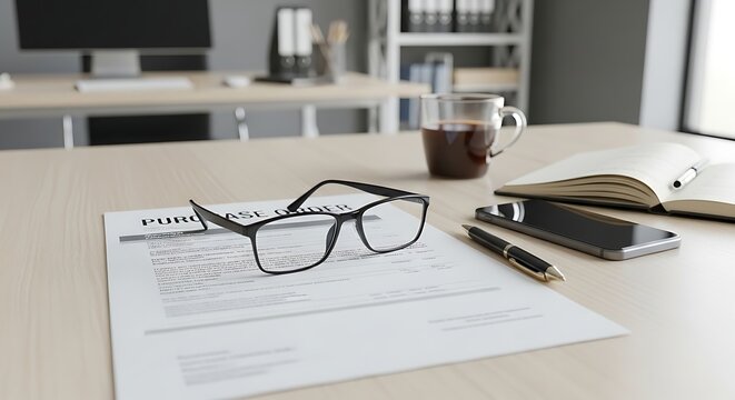 Eyeglasses on a purchase order form on a modern office desk