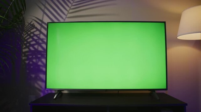 Experience a cozy evening in a contemporary living room showcasing a sleek plasma TV. The blank green screen serves as a perfect background for creative projects or movie nights