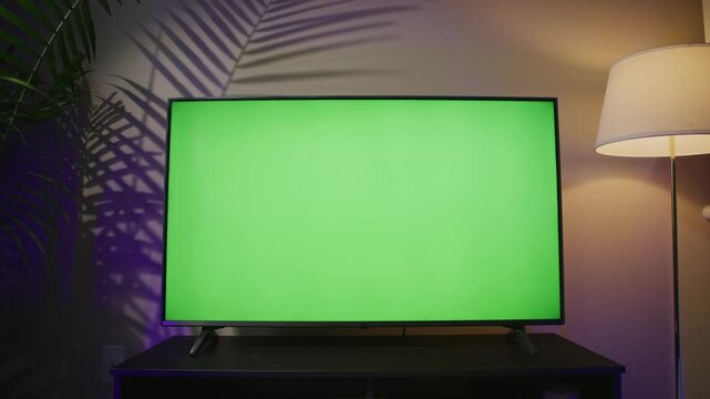 Explore a contemporary living room featuring a plasma TV with a vibrant green screen. Ideal for advertising and creative projects, this blank canvas awaits your imagination