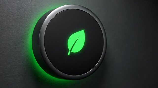 A sleek round button with a glowing green leaf icon pulses against a dark wall, representing eco-friendly technology, renewable energy, and environmental sustainability in a modern home setup.