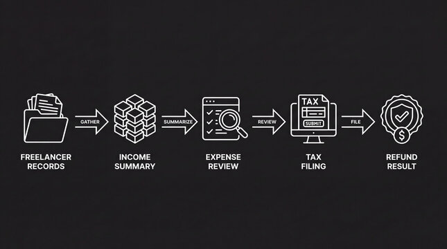 Freelancer tax filing workflow infographic steps to file taxes income summary expense review refund result