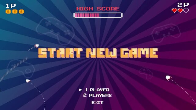 START NEW GAME play. Synthwave wireframe net illustration. pixel art 8 bit . Retro Futurism Sci-Fi Background. glowing neon grid and stars