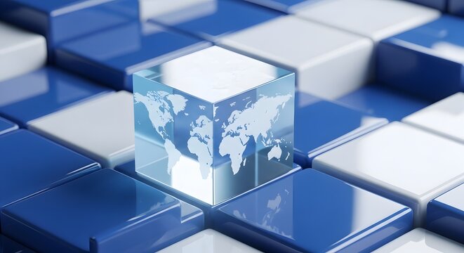 Glass cube with world map overlay on blue and white grid