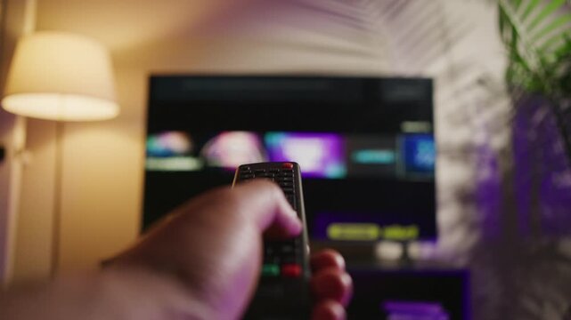 A man's hand expertly navigates through the smart TV's remote, switching channels in a cozy living room. Explore the comfort of modern entertainment in vibrant detail