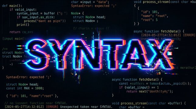 Glowing SYNTAX text with glitch effect, coding background, digital art