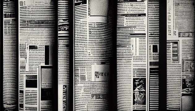 black and white newspaper columns texture with distorted illegible text patterns