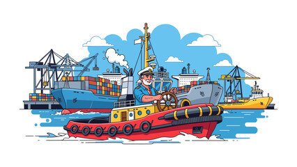 Fototapeta premium Harbor Master's Command: A seasoned captain steers a sturdy tugboat through a bustling industrial harbor, surrounded by cargo ships and cranes under a bright sky.