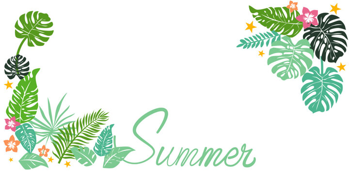 Summer tropical illustration. Summer green and tropical leaves decorative illustration for summer background, banner, graphic design, summer time vector illustration.