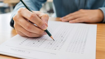 Naklejka premium Filling out an exam form with a pencil on a wooden desk.