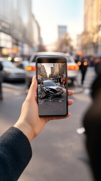 Woman is holding a smartphone, taking a picture of a damaged car after an accident in a busy city street, documenting the scene for insurance purposes