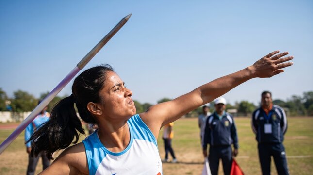 Female javelin thrower in action, arm pulled back preparing for the throw. Track and field event with officials in the background.