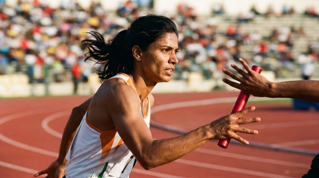 Female sprinter receiving the baton during a track and field relay race. Teamwork and speed captured during an athletic competition.