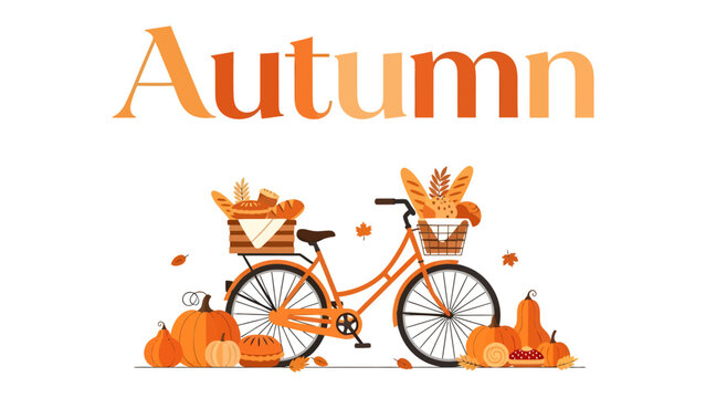 Autumn Harvest Bicycle: An illustration depicting a charming bicycle adorned with baskets filled with fresh bread and autumnal produce, surrounded by pumpkins and fallen leaves.