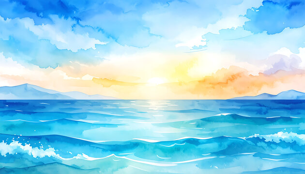 Vibrant pixel art watercolor sunset over calm ocean waves with distant islands under a blue sky