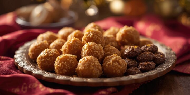 Assorted Indian festival sweets including murmura ladoo and peanut chikki for winter celebrations