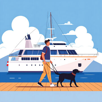 Man walking dog on dock.
