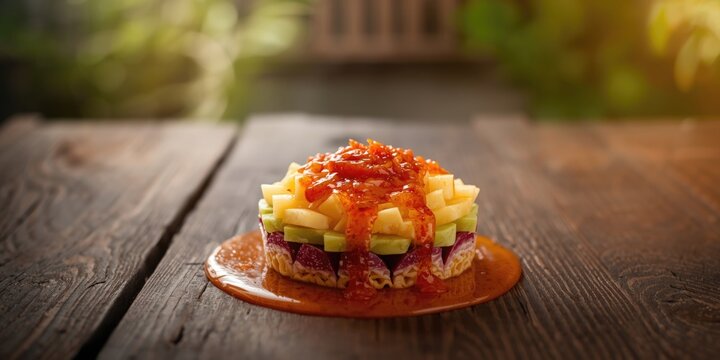 Artistic Presentation of Rujak Aceh Layered Shaved Fruits with Chili Sauce, Rustic Setting