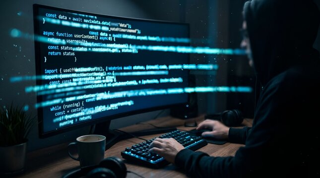 Hacker coding on computer at night, cybersecurity concept, data stream effect