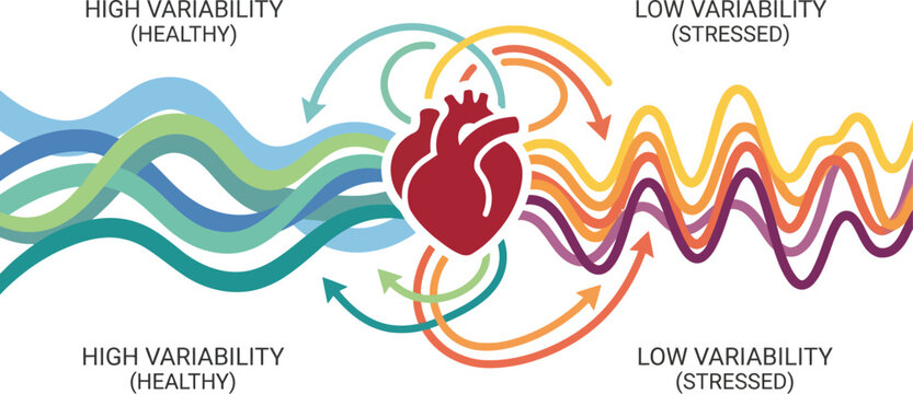 Heart organ icon illustrates the physiological difference between healthy high variability and stressed low variability heart rate patterns.