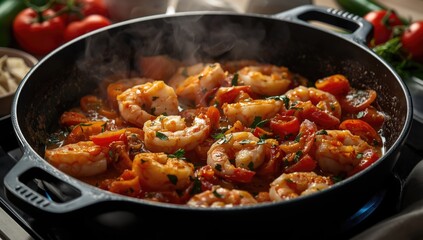 Fototapeta premium Black cooking pan with shrimp casserole featuring tomatoes garlic and peppers