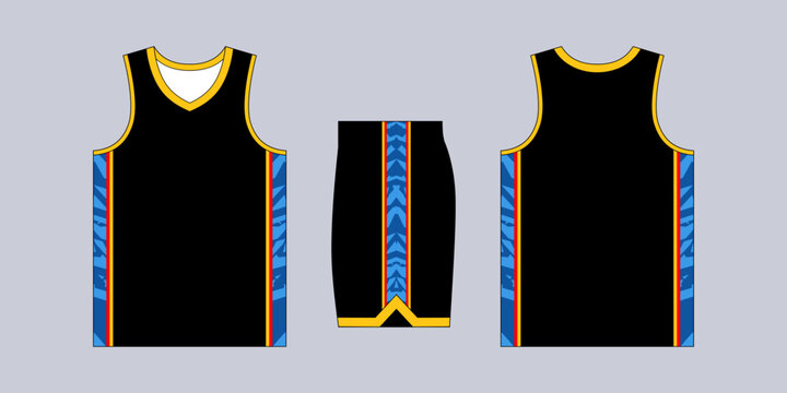 Basketball uniform featuring black jersey and shorts with abstract blue patterns
