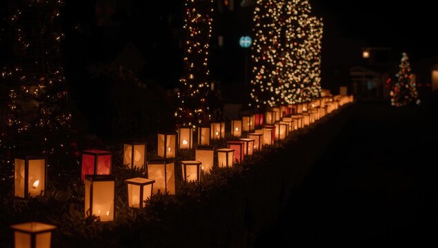 Glowing Luminaria Lanterns Lining Pathway Nighttime Christmas Scene, Warm Ambience