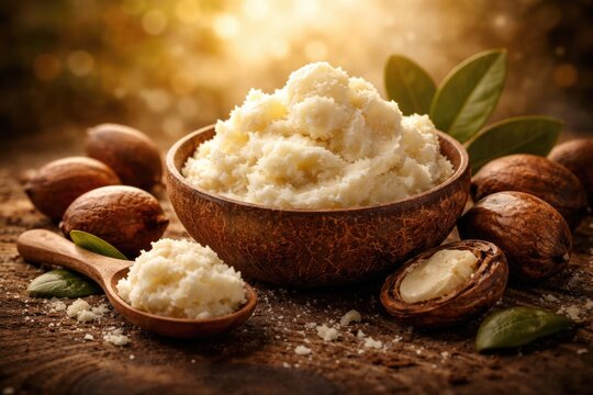 Fresh shea butter with whole nuts against a luminous backdrop texture