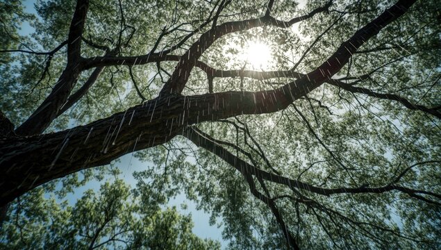 A detailed view of a big rain tree branch with bright blue sky behind
