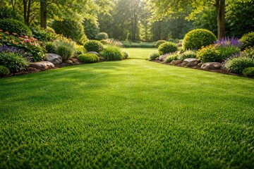 Fototapeta premium Landscape design backdrop with thick artificial grass texture in lush green