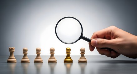 Fototapeta premium Golden pawn inspected with magnifying glass among white chess pieces
