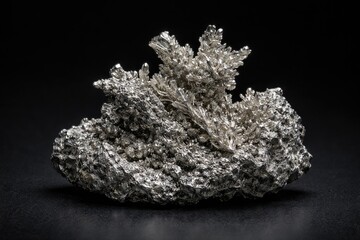Fototapeta premium Silver mineral specimen presented on a smooth black backdrop surface