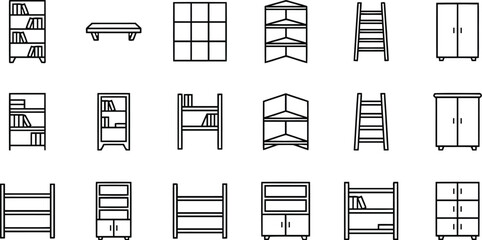 Home and office storage furniture outline icons featuring bookcases and cabinets. © Fazla Rabbi