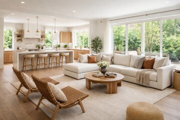 Fototapeta premium Relaxed sitting room adjoining kitchen with airy open floor concept