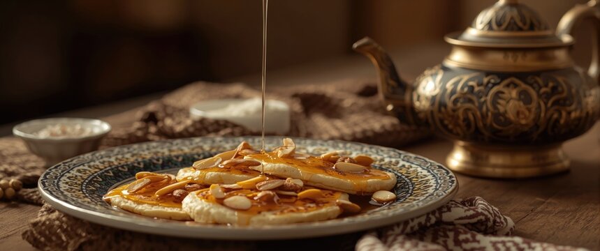 Classic Algerian msemen pancakes with drizzled honey almonds and a traditional Arabic teapot