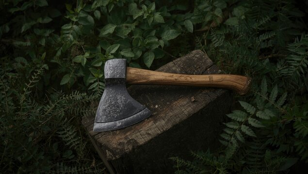 Antique hand axe set on a wooden block surrounded by wild greenery