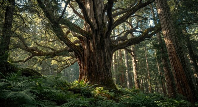 Ancient Kauri tree towering in dense temperate forest
