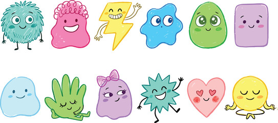 Fototapeta premium Colorful cartoon characters with various shapes and expressions are isolated on a white background for design.