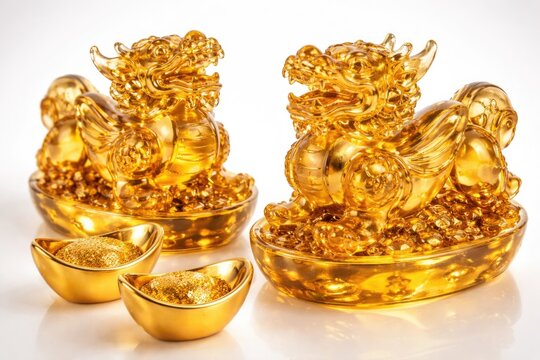 Set of glass pixiu and gold yuan bao statuettes in yellow hues on white background depicting fortune